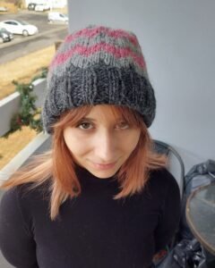 Grey Wool Hat with Pink Triangle Pattern