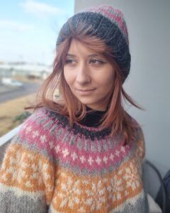 Grey Wool Hat with Pink Triangle Pattern